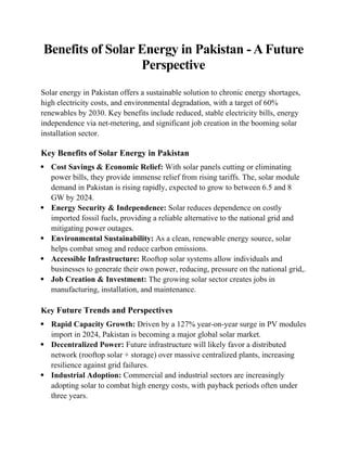 Benefits of Solar Energy in Pakistan A Future Perspective | DOCX