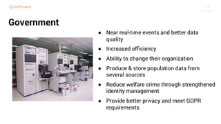 17
Government
● Near real-time events and better data
quality
● Increased efficiency
● Ability to change their organization
● Produce & store population data from
several sources
● Reduce welfare crime through strengthened
identity management
● Provide better privacy and meet GDPR
requirements
 