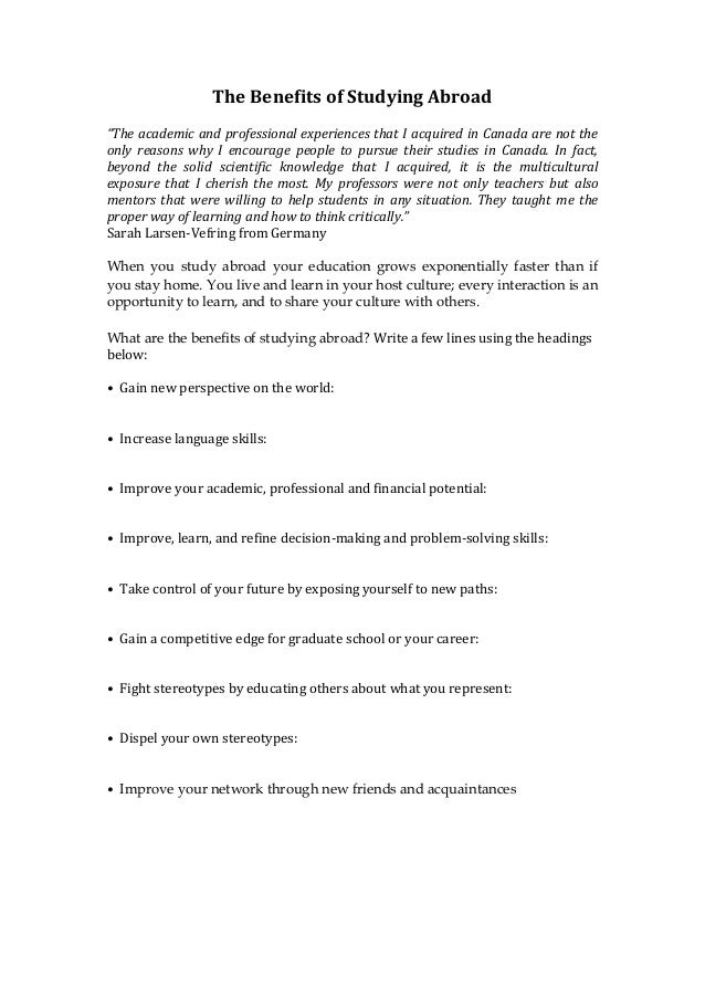 Benefits Of Studying Abroad Worksheet Benefits Of Studying Abroad Worksheet