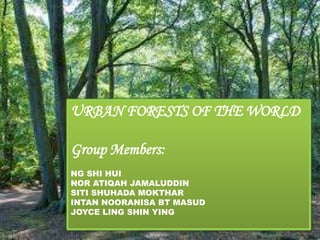 URBAN FORESTS OF THE WORLD 
Group Members: 
NG SHI HUI 
NOR ATIQAH JAMALUDDIN 
SITI SHUHADA MOKTHAR 
INTAN NOORANISA BT MASUD 
JOYCE LING SHIN YING 
 