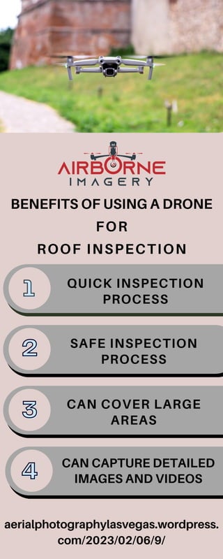 BENEFITS OF USING A DRONE
FOR
ROOF INSPECTION
QUICK INSPECTION
PROCESS
SAFE INSPECTION
PROCESS
CAN COVER LARGE
AREAS
CAN CAPTURE DETAILED
IMAGES AND VIDEOS
1
1
2
2
3
3
4
4
aerialphotographylasvegas.wordpress.
com/2023/02/06/9/
 