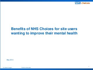 Customer Insight Public information
1
May 2013
Benefits of NHS Choices for site users
wanting to improve their mental health
 