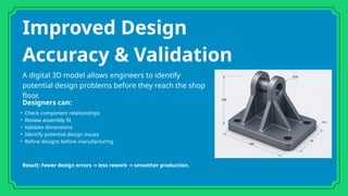 Improved Design
Accuracy & Validation
A digital 3D model allows engineers to identify
potential design problems before they reach the shop
floor.
• Check component relationships
• Review assembly fit
• Validate dimensions
• Identify potential design issues
• Refine designs before manufacturing
Designers can:
Result: Fewer design errors less rework smoother production.
→ →
 