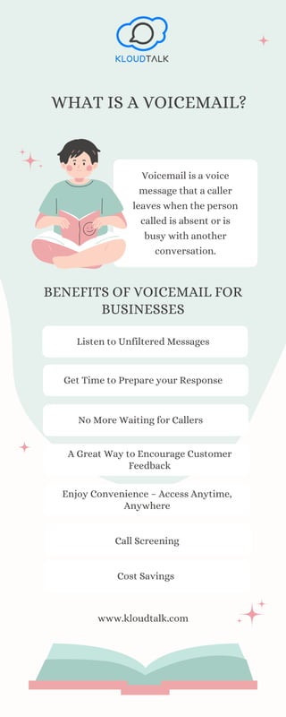 WHAT IS A VOICEMAIL?
BENEFITS OF VOICEMAIL FOR
BUSINESSES
www.kloudtalk.com
Voicemail is a voice
message that a caller
leaves when the person
called is absent or is
busy with another
conversation.
Listen to Unfiltered Messages
Get Time to Prepare your Response
No More Waiting for Callers
A Great Way to Encourage Customer
Feedback
Enjoy Convenience – Access Anytime,
Anywhere
Call Screening
Cost Savings
 