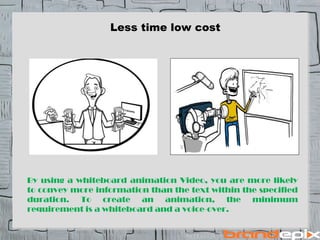 Less time low cost 
By using a whiteboard animation Video, you are more likely 
to convey more information than the text within the specified 
duration. To create an animation, the minimum 
requirement is a whiteboard and a voice-over. 
 