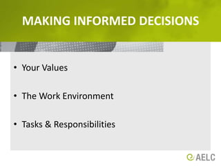 Making informed decisions Your Values The Work EnvironmentTasks & Responsibilities 
