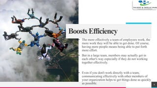 BoostsEfficiency
• The more effectively a team of employees work, the
more work they will be able to get done. Of course,
...