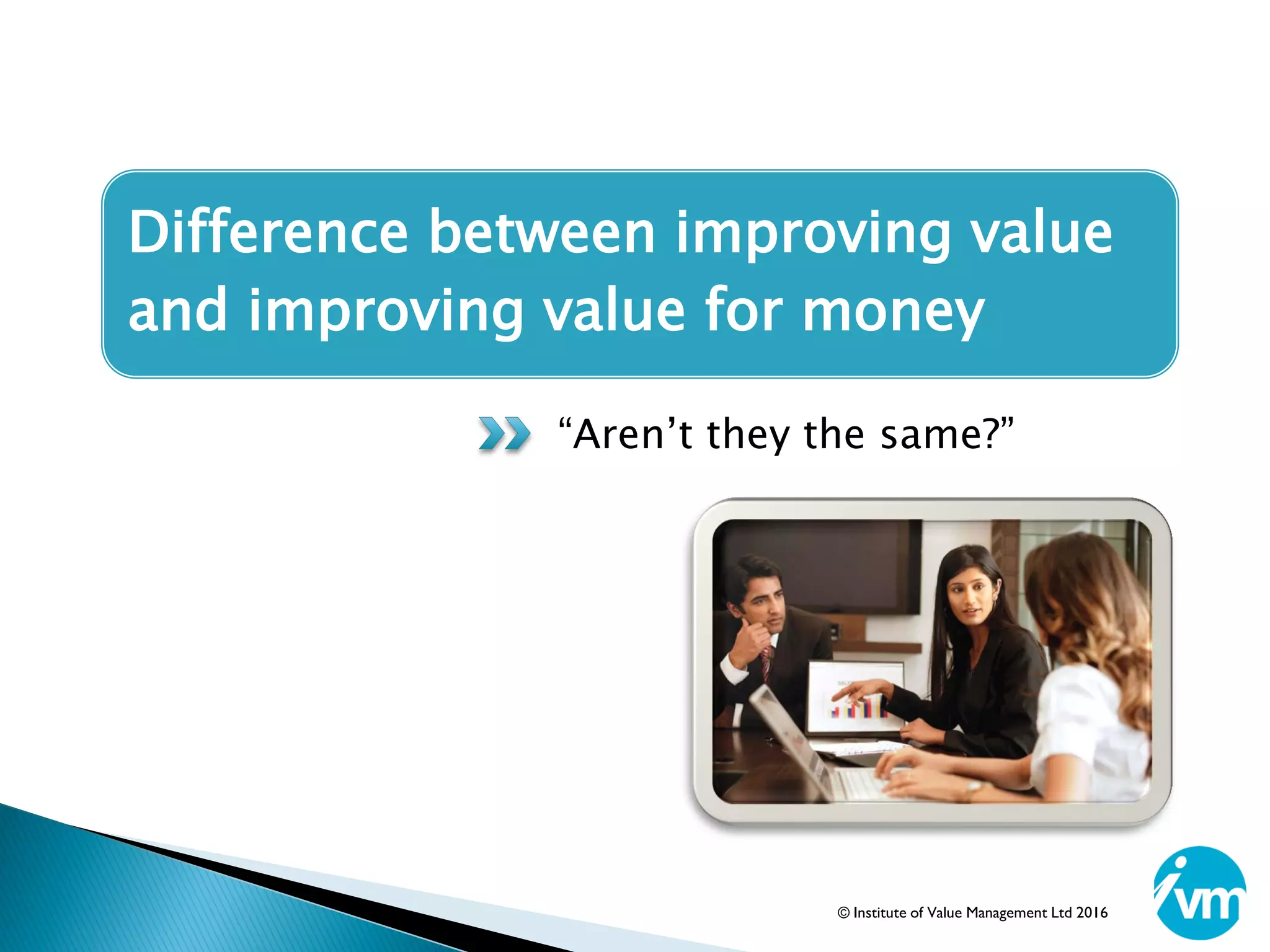 Difference between improving value
and improving value for money
“Aren’t they the same?”
© Institute of Value Management Ltd 2016
 