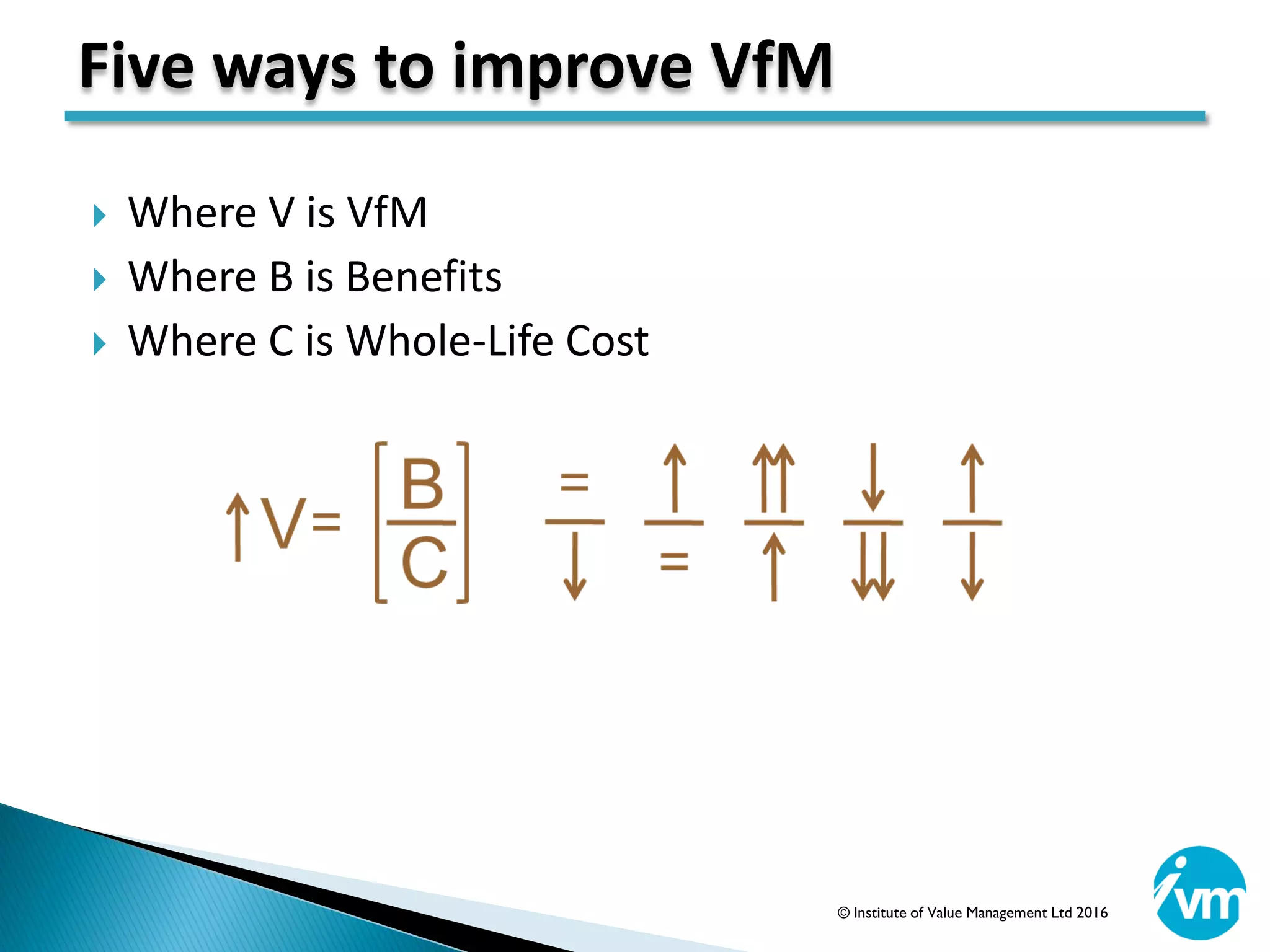  Where V is VfM
 Where B is Benefits
 Where C is Whole-Life Cost
Five ways to improve VfM
© Institute of Value Management Ltd 2016
 