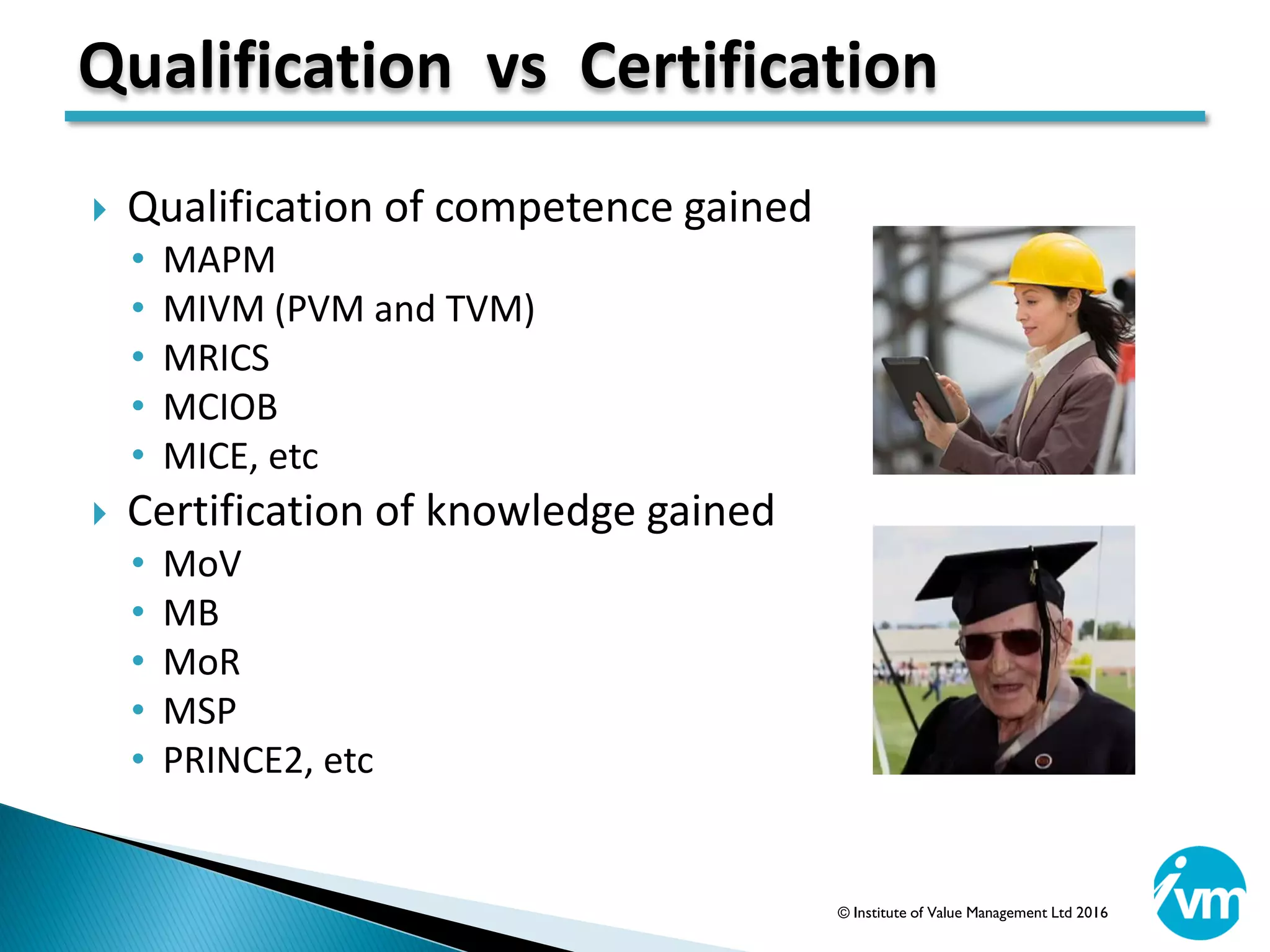  Qualification of competence gained
• MAPM
• MIVM (PVM and TVM)
• MRICS
• MCIOB
• MICE, etc
 Certification of knowledge gained
• MoV
• MB
• MoR
• MSP
• PRINCE2, etc
Qualification vs Certification
© Institute of Value Management Ltd 2016
 