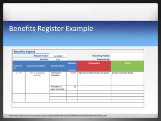 Benefits Register Example
From http://www.services.nsw.gov.au/sites/default/files/Benefits%20Realisation%20Guideline%202011.pdf
 