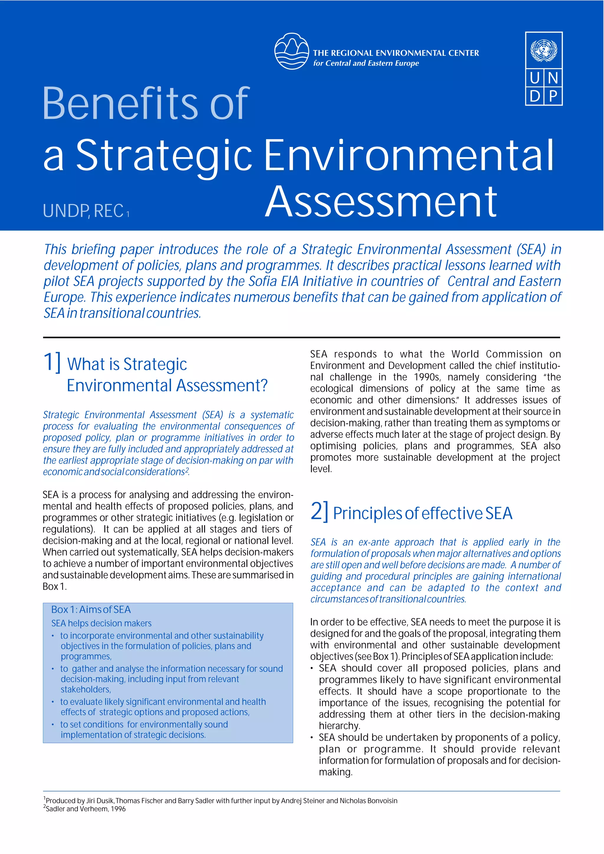 Benefits of a Strategic Environmental Assessment UNDP, | PDF