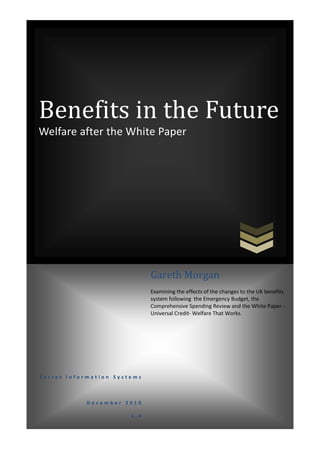 Benefits in the Future
Welfare after the White Paper




                             Gareth Morgan
                             Examining the effects of the changes to the UK benefits
                             system following the Emergency Budget, the
                             Comprehensive Spending Review and the White Paper -
                             Universal Credit- Welfare That Works.




Ferret Information Systems



            December 2010

                       1.4
 