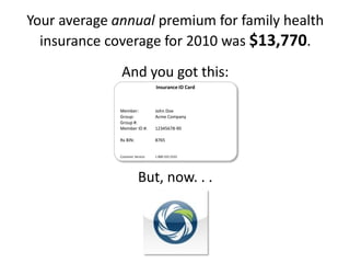 Your average annual premium for family health insurance coverage for 2010 was $13,770. And you got this: But, now. . . Insurance ID Card Member:  	John Doe Group:	Acme Company Group #: Member ID #:	12345678-90 Rx BIN:	8765 Customer Service:	1-800-555-5555 