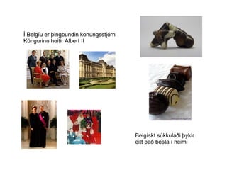 Í Belgíu er þingbundin konungsstjórn Kóngurinn heitir Albert II Belgískt súkkulaði þykir  eitt það besta í heimi 