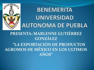 PRESENTA: MARLENNE GUTIÈRREZ
            GONZÀLEZ
   “LA EXPORTACIÒN DE PRODUCTOS
AGROMOS DE MÈXICO EN LOS ULTIMOS
              AÑOS”
 