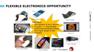 9/16/2019BeneqConfidential
FLEXIBLE ELECTRONICS OPPORTUNITY
B E N E Q C 3 R
B E N E Q T F S 5 0 0B E N E Q F S 2 0 0
BeneqConfidential
Source: Hanergy
Source: Microsoft
FEATURES:
• new designs & form factors
• no glass –> unbreakable
• conformal/bendable/rollable...
• ultra-light weigth & flat
• edgelessSource: FlexEnable
Source: Konica Minolta
Source: Samsung
Source: Samsung
Source: LG
Source: BMW
Source: Plastic Logic
H2O - ”The ENEMY”
 