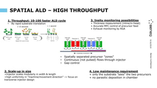 9/16/2019BeneqConfidential
SPATIAL ALD – HIGH THROUGHPUT
4. Low maintenance requirement
+ only the substrate ”sees” the two precursors
+ no parasitic deposition in chamber
• Spatially separated precursor ”zones”
• Continuous (not pulsed) flows through injector
• Gap control
1. Throughput: 10-100 faster ALD cycle
• By rapid substrate translation
1-15 seconds < 1 second
2. Scale-up in size
+Injector scales modularly in width & length
+high uniformity in ”machine/movement direction” -> focus on
transverse injector design
3. Insitu monitoring possibilities
+ Thickness measurement (inline/in-head)
+ Accurate MFC control of precursor feed
+ Exhaust monitoring by RGA
 