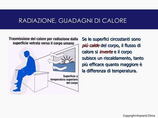 RADIAZIONE, GUADAGNI DI CALORE

                 Se le superfici circostanti sono
                 più calde del corpo, il flusso di
                 calore si inverte e il corpo
                 subisce un riscaldamento, tanto
                 più efficace quanto maggiore è
                 la differenza di temperatura.




                                                            16
                                      Copyright Impianti Clima
 