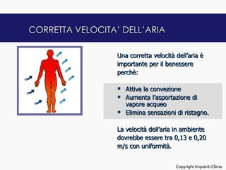 CORRETTA VELOCITA’ DELL’ARIA

                  Una corretta velocità dell’aria è
                  importante per il benessere
                  perchè:

                     Attiva la convezione
                     Aumenta l’asportazione di
                      vapore acqueo
                     Elimina sensazioni di ristagno.

                  La velocità dell’aria in ambiente
                  dovrebbe essere tra 0,13 e 0,20
                  m/s con uniformità.

                                                              19
                                        Copyright Impianti Clima
 