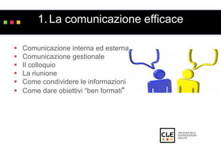1. La comunicazione efficace 
 Comunicazione interna ed esterna 
 Comunicazione gestionale 
 Il colloquio 
 La riunione 
 Come condividere le informazioni 
 Come dare obiettivi “ben formati” 
 
