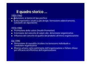 Il quadro storico …
1950-
1950-1960
 Attenzione al danno di tipo psichico
 Early ergonomics (studi su job design, formazione-addestramento,
                                         formazione-
  selezione dei dipendenti)

1970-
1970-1980
 Promozione della salute (Health Promotion)
 Estensione del concetto di salute alla dimensione organizzativa
 Influenza del concetto di qualità dal prodotto all’intera organizzazione


Dal 1990
 Dimensione di causalità circolare tra benessere individuale e
   condizione organizzativa
 Risorse umane come patrimonio dell’organizzazione e fattore chiave
   per efficacia ed efficienza dell’organizzazione
 