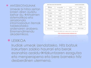    ANTZEKOTASUNAK
    Umeak bi hitza zertan
    lotzen diren aurkitu
    behar du.Ahalmen
    sistematikoa eta
    arrazionala
    informaziodun itemak
    taldekatzeko
    ordenaren arabera.
    Erremendimendu
    akademikoa.

   LEXIKOA
    Irudiak umeak izendatzeko. Hitz batzuk
    irakurtzen zaizkio haurrari eta berak
    esanahia azalduHizkuntzaren ezagutza
    eta menperapena eta bere barneko hitz
    desberdinen ulermena.
 