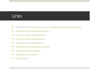 Links
 http://www.slideshare.net/chrisbumgardner/benetech-nodejsvagrant
 https://github.com/cbumgard/mathoid-vagrant
 http://www.vagrantup.com/downloads.html
 https://www.virtualbox.org/wiki/Downloads
 https://github.com/mitchellh/vagrant-aws
 https://github.com/10thmagnitude/vagrant-azure
 https://gist.github.com/GUI/2864683
 https://github.com/caolan/async
 http://semver.org/
 