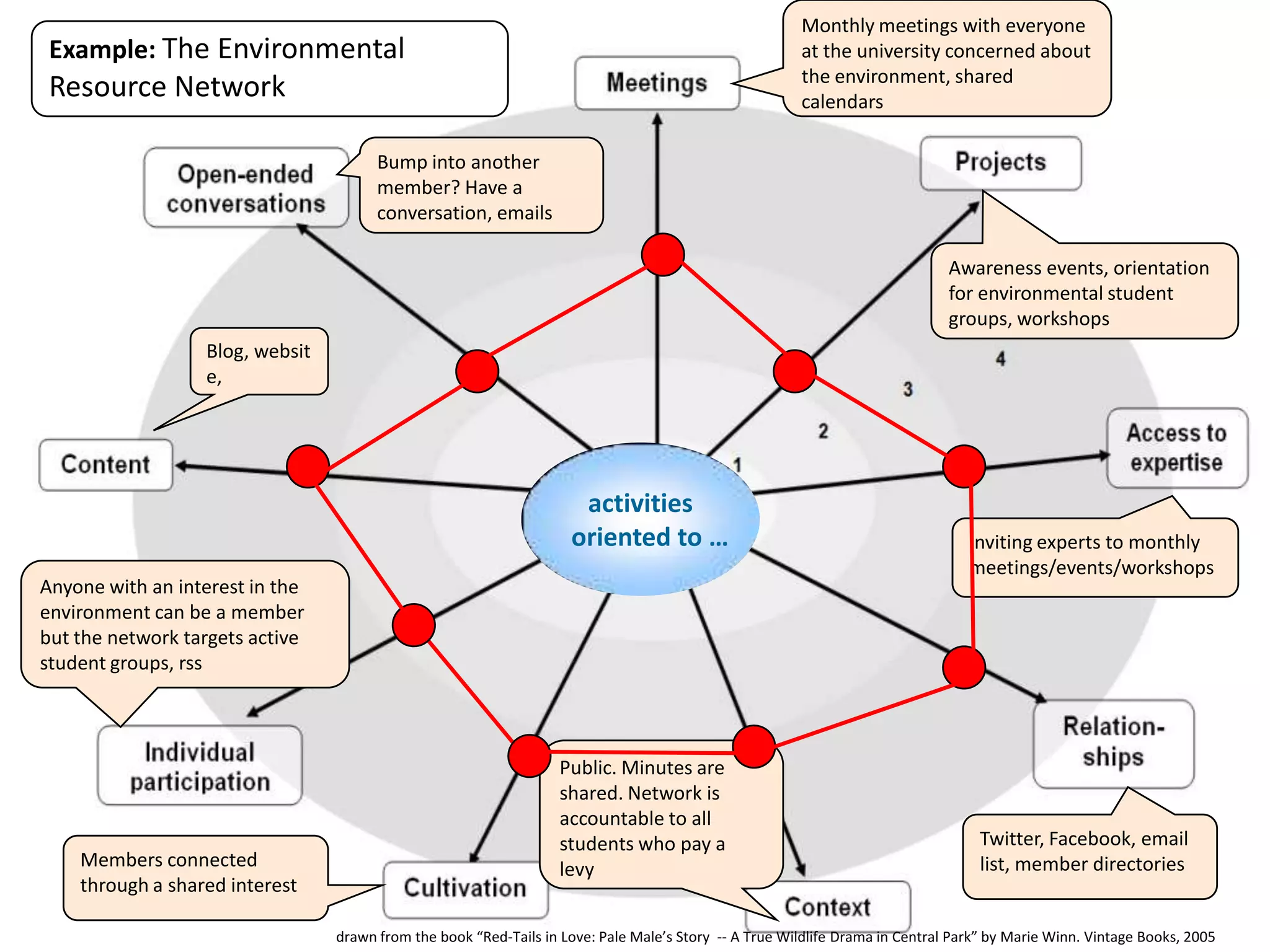 Monthly meetings with everyone
 Example: The Environmental                                                                            at the university concerned about
                                                                                                       the environment, shared
 Resource Network                                                                                      calendars

                                       Bump into another
                                       member? Have a
                                       conversation, emails

                                                                                                                              Awareness events, orientation
                                                                                                                              for environmental student
                                                                                                                              groups, workshops
                  Blog, websit
                  e,




                                                                     activities
                                                                    oriented to …                                                Inviting experts to monthly
                                                                                                                                 meetings/events/workshops
Anyone with an interest in the
environment can be a member
but the network targets active
student groups, rss



                                                                   Public. Minutes are
                                                                   shared. Network is
                                                                   accountable to all
                                                                   students who pay a                                              Twitter, Facebook, email
    Members connected                                              levy                                                            list, member directories
    through a shared interest

                                 drawn from the book “Red-Tails in Love: Pale Male’s Story -- A True Wildlife Drama in Central Park” by Marie Winn. Vintage Books, 2005
 