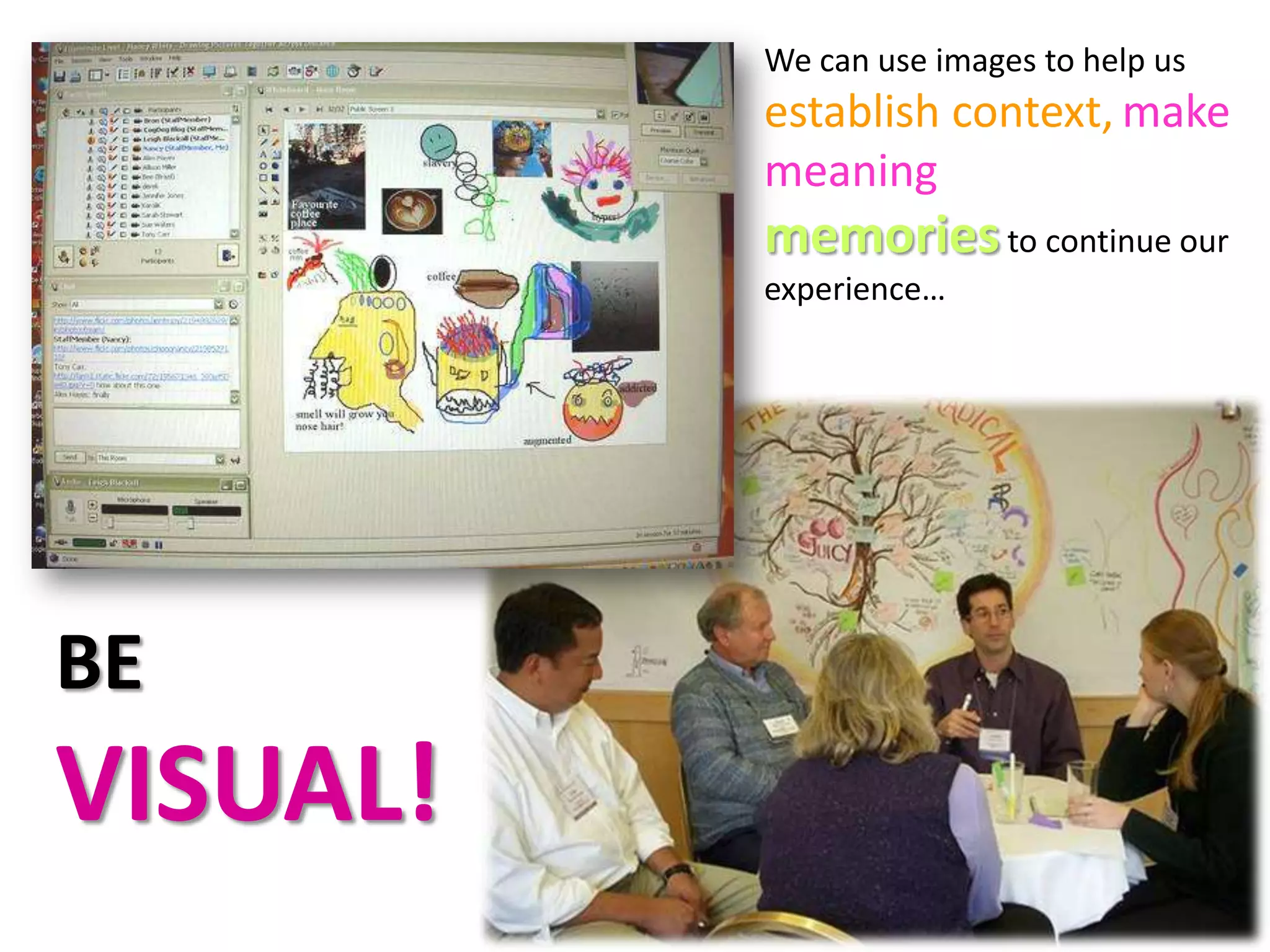 We can use images to help us
          establish context, make
          meaning and create
          memories to continue our
          experience…




BE
VISUAL!
 