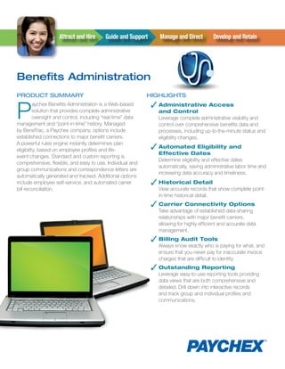 Attract and Hire       Guide and Support     Manage and Direct         Develop and Retain




Benefits Administration
PRODUCT SUMMARY                                               HIGHLIGHTS


P                                                              ✓ Administrative Access
          aychex Benefits Administration is a Web-based
          solution that provides complete administrative         and Control
          oversight and control, including “real-time” data      Leverage complete administrative visibility and
management and “point-in-time” history. Managed                  control over comprehensive benefits data and
by BeneTrac, a Paychex company, options include                  processes, including up-to-the-minute status and
established connections to major benefit carriers.               eligibility changes.
A powerful rules engine instantly determines plan
eligibility, based on employee profiles and life-              ✓ Automated Eligibility and
                                                                 Effective Dates
event changes. Standard and custom reporting is
                                                                 Determine eligibility and effective dates
comprehensive, flexible, and easy to use. Individual and
                                                                 automatically, saving administrative labor time and
group communications and correspondence letters are
                                                                 increasing data accuracy and timeliness.
automatically generated and tracked. Additional options
include employee self-service, and automated carrier           ✓ Historical Detail
bill reconciliation.                                             View accurate records that show complete point-
                                                                 in-time historical detail.
                                                               ✓ Carrier Connectivity Options
                                                                 Take advantage of established data-sharing
                                                                 relationships with major benefit carriers,
                                                                 allowing for highly efficient and accurate data
                                                                 management.
                                                               ✓ Billing Audit Tools
                                                                 Always know exactly who is paying for what, and
                                                                 ensure that you never pay for inaccurate invoice
                                                                 charges that are difficult to identify.
                                                               ✓ Outstanding Reporting
                                                                 Leverage easy-to-use reporting tools providing
                                                                 data views that are both comprehensive and
                                                                 detailed. Drill down into interactive records
                                                                 and track group and individual profiles and
                                                                 communications.
 