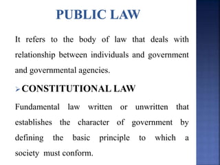 It refers to the body of law that deals with
relationship between individuals and government
and governmental agencies.
CONSTITUTIONAL LAW
Fundamental law written or unwritten that
establishes the character of government by
defining the basic principle to which a
society must conform.
 