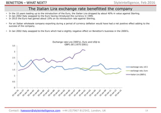 14Contact: haesoon@styleintelligence.com +44 (0)7967 812542, London, UK
Styleintelligence, Feb 2016
The Italian Lira exchange rate benefitted the company
• In the 10 years leading up to the introduction of the Euro, the Italian Lira dropped by about 40% in value against Sterling.
• In Jan 2002 Italy swapped to the Euro having introduced the currency in 1999.
• In 2015 the Euro had gained about 10% on its introduction rate against Sterling.
• For an Italian wholesale company exporting during a period of currency deflation would have had a net positive effect adding to the
success of the company.
• In Jan 2002 Italy swapped to the Euro which had a slightly negative effect on Benetton’s business in the 2000’s.
Exchange rate Lira (000’s), Euro and US$ to
GBP1.00 (1975-2001)
0
0.5
1
1.5
2
2.5
3
3.5
exchange rate, US $
exchange rate, Euro
Italian Lira (000's)
BENETTON – WHAT NEXT?
 