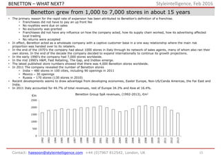 15Contact: haesoon@styleintelligence.com +44 (0)7967 812542, London, UK
Styleintelligence, Feb 2016
Benetton grew from 1,000 to 7,000 stores in about 15 years
• The primary reason for the rapid rate of expansion has been attributed to Benetton’s definition of a franchise.
• Franchisees did not have to pay an up front fee
• No royalties were due on sales
• No exclusivity was granted
• Franchisees did not have any influence on how the company acted, how its supply chain worked, how its advertising affected
local trading
• No returns were accepted
• In effect, Benetton acted as a wholesale company with a captive customer base in a one way relationship where the main risk
proportion was handed over to its retailers.
• In the end of the 1970’s the company had about 1000 stores in Italy through its network of sales agents, many of whom also ran their
own stores. In the end of the decade the company decided to expand internationally to continue its growth projections.
• In the early 1990’s the company had 7,000 stores worldwide.
• In the mid 1990’s H&M, Fast Retailing, The Gap, and Inditex emerge.
• The latest published store numbers showed that there was 4,000 Benetton stores worldwide.
• In 2011 The company revealed the number of Benetton stores
• India – 480 stores in 100 cities, including 90 openings in 2011
• Mexico – 30 openings
• Russia – 170 stores (130 stores in 2010)
• Recent developments seems to draw advantage from developing economies, Easter Europe, Non-US/Canda Americas, the Far East and
India.
• In 2011 Italy accounted for 44.7% of total revenues, rest of Europe 34.3% and Asia at 16.4%.
Benetton Group SpA revenues, (1992-2013), €m1
€m
0
500
1000
1500
2000
2500
1992
1993
1994
1995
1996
1997
1998
1999
2000
2001
2002
2003
2004
2005
2006
2007
2008
2009
2010
2011
2012
2013
BENETTON – WHAT NEXT?
 