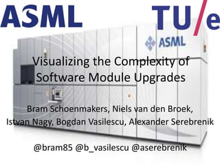 Visualizing the Complexity of
Software Module Upgrades
Bram Schoenmakers, Niels van den Broek,
Istvan Nagy, Bogdan Vasilescu, Alexander Serebrenik
@bram85 @b_vasilescu @aserebrenik

 