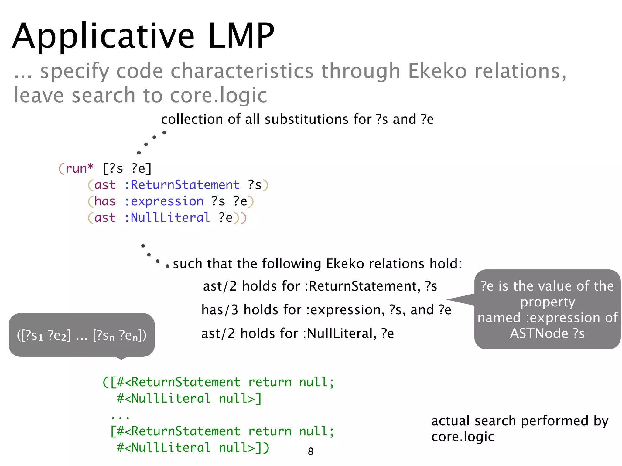 Applicative LMP
... specify code characteristics through Ekeko relations,
leave search to core.logic
                            collection of all substitutions for ?s and ?e


       (run* [?s ?e]
           (ast :ReturnStatement ?s)
           (has :expression ?s ?e)
           (ast :NullLiteral ?e))


                             such that the following Ekeko relations hold:
                                  ast/2 holds for :ReturnStatement, ?s        ?e is the value of the
                                                                                     property
                                  has/3 holds for :expression, ?s, and ?e
                                                                              named :expression of
([?s1 ?e2] ... [?sn ?en])         ast/2 holds for :NullLiteral, ?e                 ASTNode ?s


                ([#<ReturnStatement return null;
                  #<NullLiteral null>]
                 ...
                                                                        actual search performed by
                 [#<ReturnStatement return null;                        core.logic
                  #<NullLiteral null>])     8
 