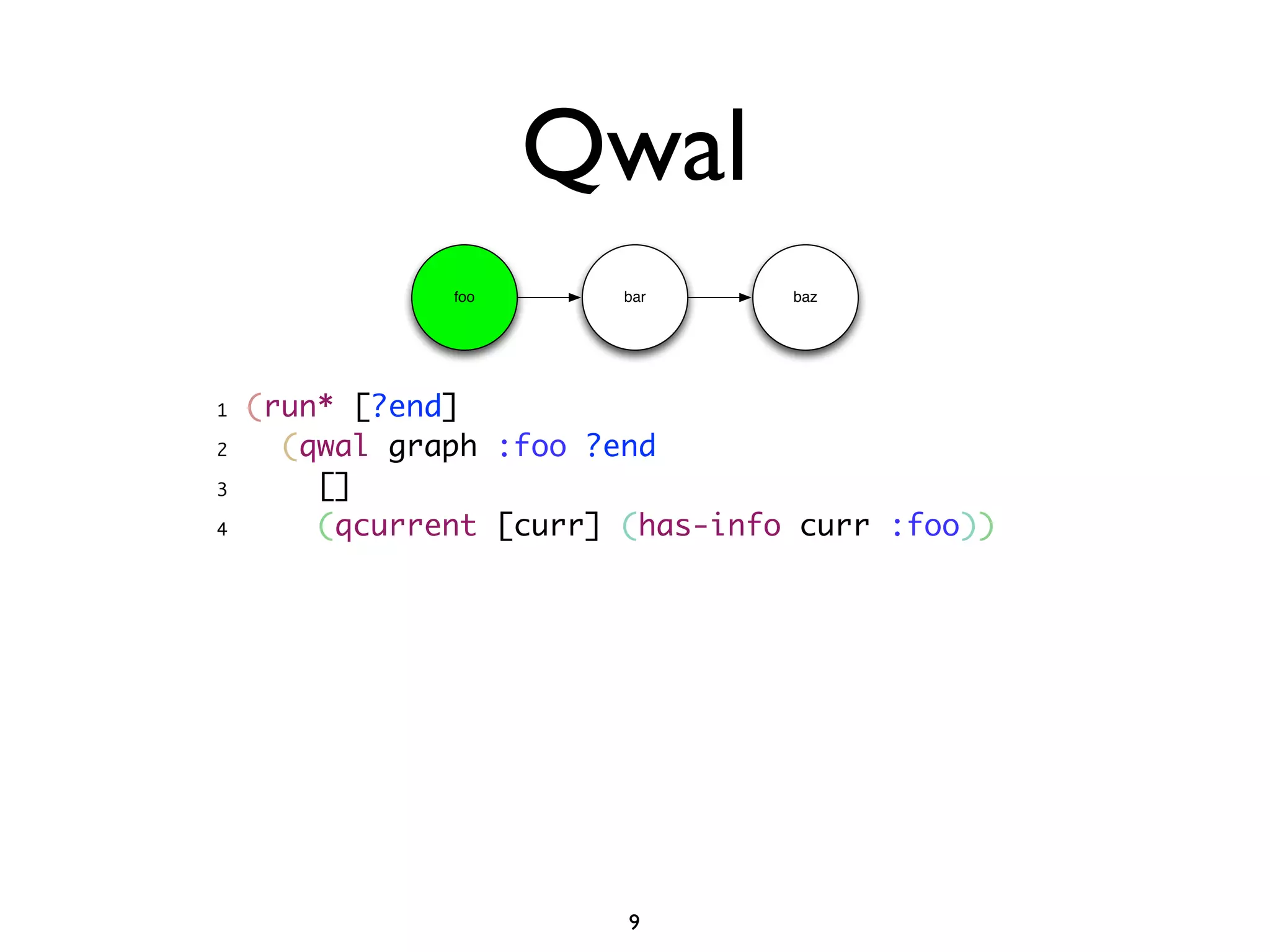 Qwal
               foo       bar      baz




1   (run* [?end]
2     (qwal graph :foo ?end
3       []
4       (qcurrent [curr] (has-info curr :foo))




                         9
 