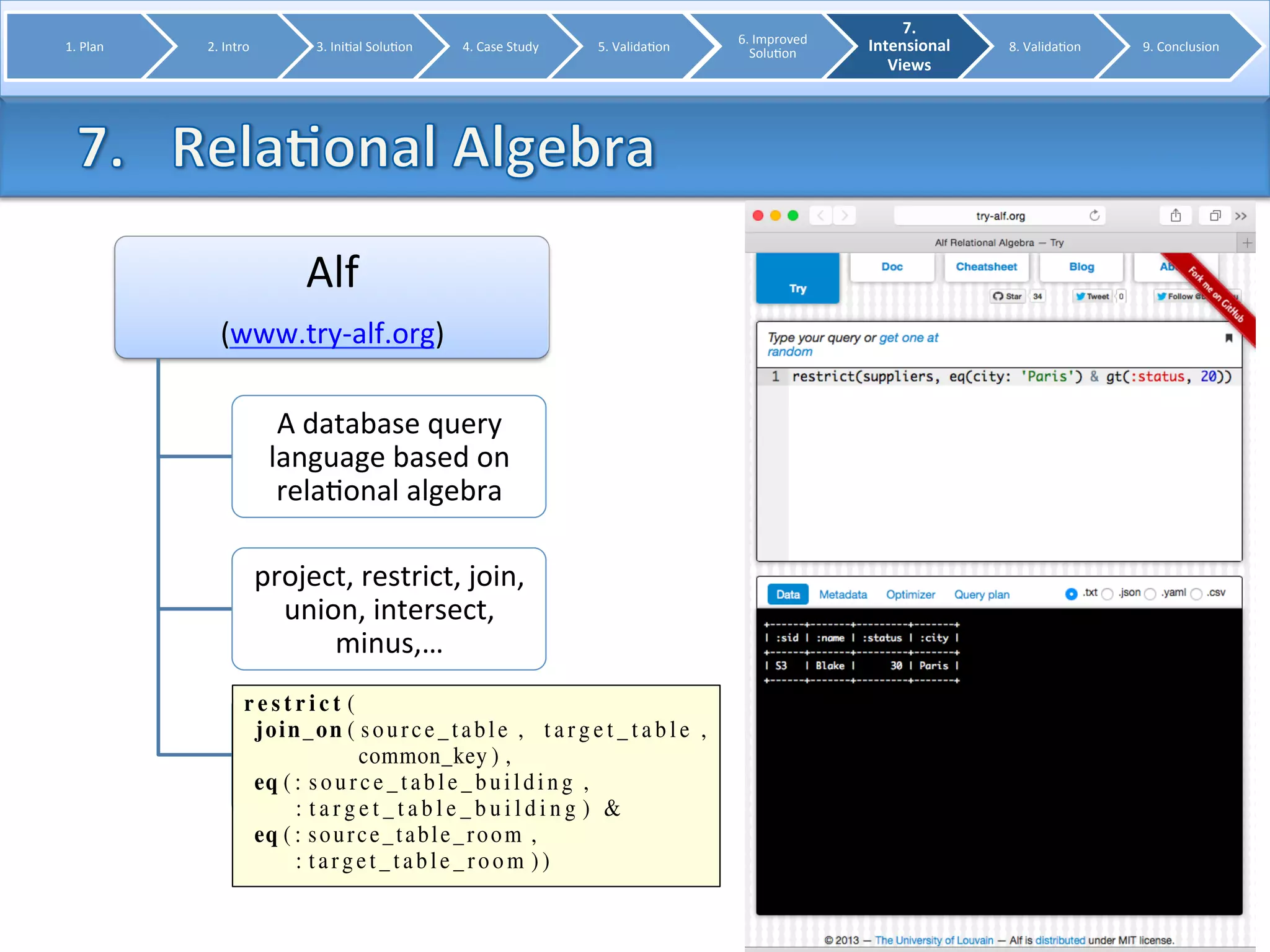 Alf 
(www.try-­‐alf.org) 
A 
database 
query 
language 
based 
on 
rela8onal 
algebra 
project, 
restrict, 
join, 
union, 
intersect, 
minus,… 
« 
join_on(le6_table, 
right_table, 
[:mac]) 
» 
Vues 
intensionnelles 
Ini8alement 
des8né 
à 
la 
maintenance 
logicielle 
Vérifier 
des 
contraintes 
sur 
un 
code 
source 
Ici, 
contraintes 
sur 
une 
base 
de 
données 
1. 
Plan 
2. 
Intro 
3. 
Ini8al 
Solu8on 
4. 
Case 
Study 
5. 
Valida8on 
6. 
Improved 
Solu8on 
7. 
Intensional 
Views 
8. 
Valida8on 
9. 
Conclusion 
It is also possible to define some additional filters in 
order to consider only a subset of the data, for instance, only 
considering one particular building. This can be useful, for 
example, when analyzing very large databases with lots of 
inconsistencies, and the user wants to inspect the inconsisten-cies 
for a particular subset of the data only. In our particular 
example, we didn’t apply any such filters. 
Finally, when the user clicks on the ‘Check constraint’ 
button, three different Alf queries are generated. The first 
one is a query to find the positive results, i.e. all tuples that 
satisfy the declared constraint. A second query will calculate 
the mismatches in the source table, i.e. all tuples in the source 
table that do not satisfy the declared constraint. A third query 
calculates the mismatches in the target table. 
The generated Alf query for the positive results looks 
somewhat like this: 
r e s t r i c t ( 
join on ( source t a b l e , t a r g e t t a b l e , 
common key ) , 
eq ( : sour c e t a b l e bui l d i ng , 
: target t a b l e b u i l d i n g ) & 
eq ( : source t a b le room , 
: target t a b l e r oom ) ) 
From this query it can be observed that the two concerned 
tables are first joined based on their common key, and then 
the results are restricted to the tuples satisfying all conditions, 
Fig. 2. Inspecting data (in)consistencies with the highlighted view it suffices to click on the button ‘Highlighted the bottom of the intensional view editor. 
Figure 2 illustrates what this highlighted view like for our previous example. It displays each of the tables, that is, the source and target tables but intermediate table used for defining the key mapping. of these tables the tuples are coloured either in correspond to an inconsistency, in green if they correspond a positive result, or just appear in white if the concerned by this particular constraint. 
 