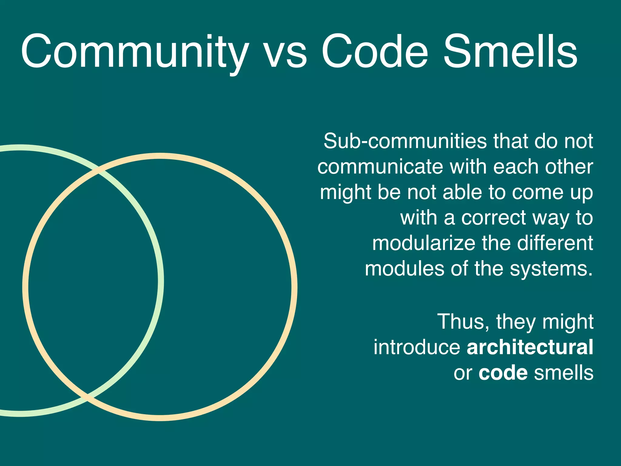 Community vs Code Smells
Sub-communities that do not
communicate with each other
might be not able to come up
with a correct way to
modularize the different
modules of the systems.
Thus, they might
introduce architectural
or code smells
 