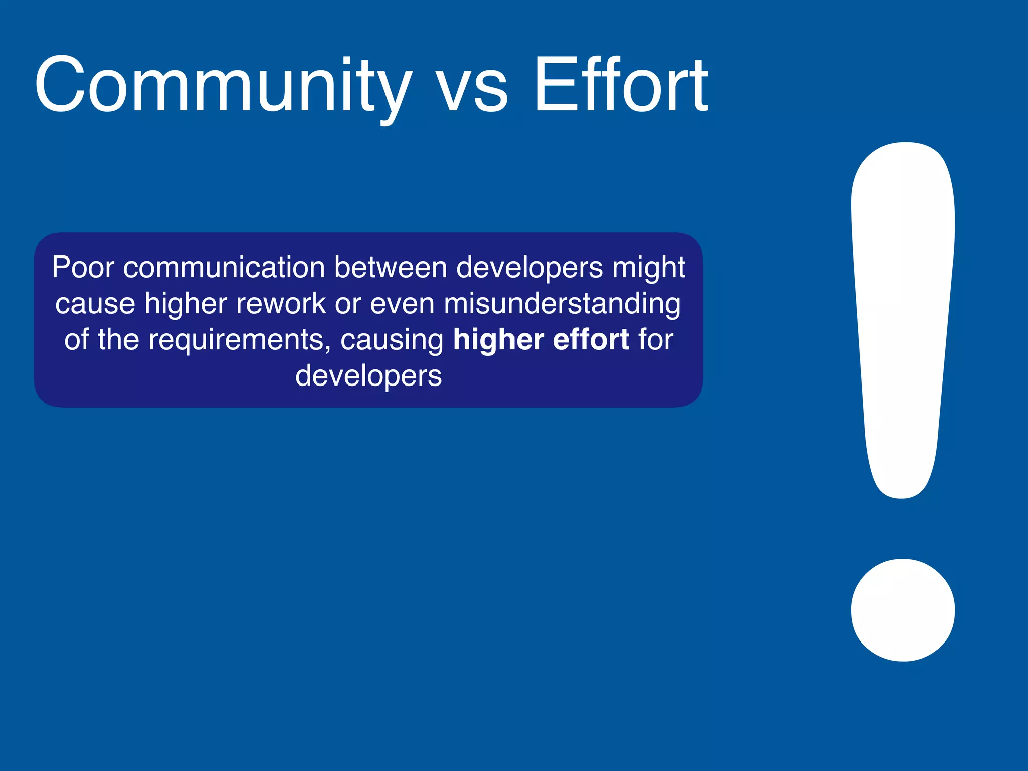 Poor communication between developers might
cause higher rework or even misunderstanding
of the requirements, causing higher effort for
developers
Community vs Effort
!
 