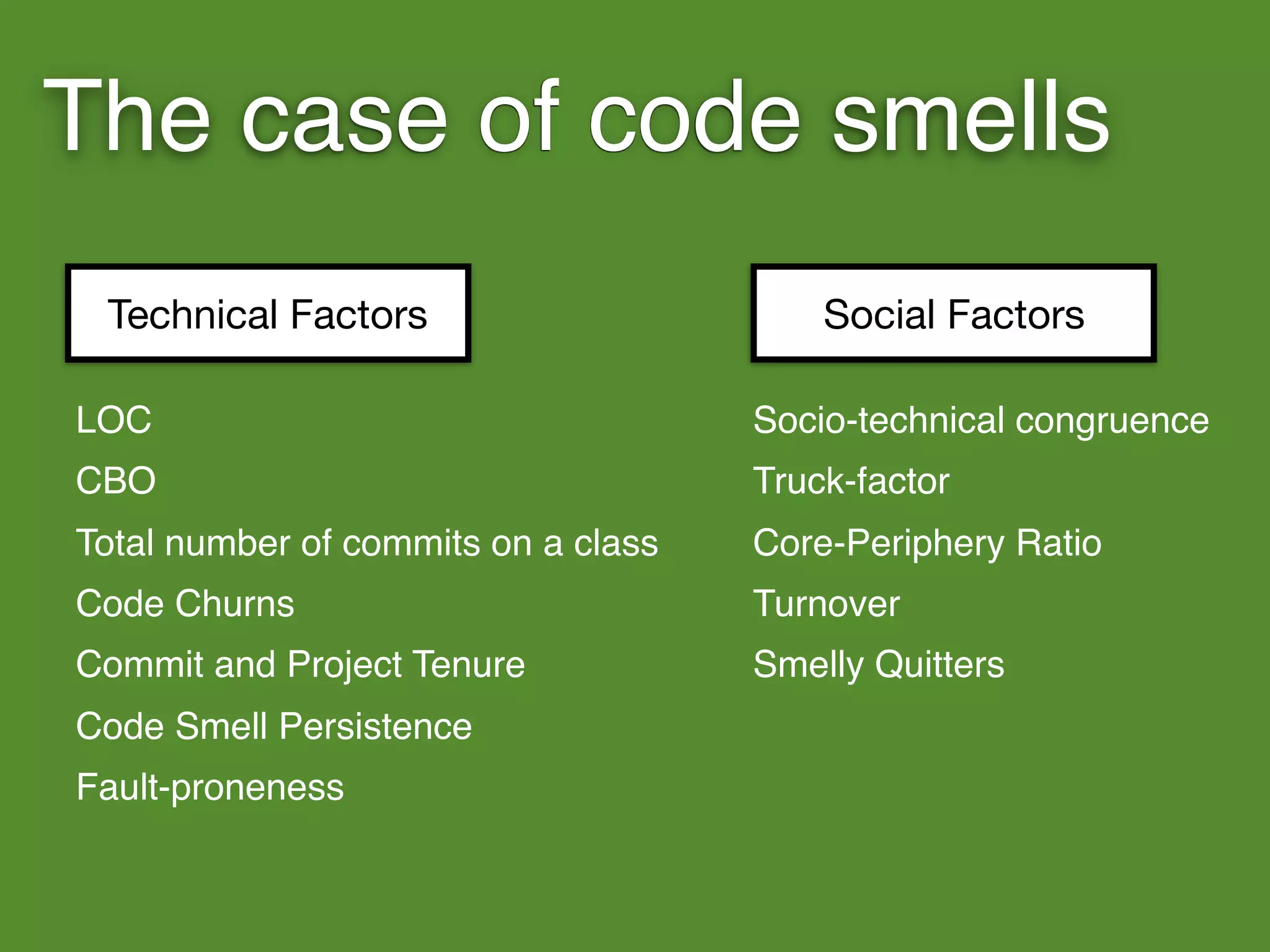 The case of code smells
Technical Factors Social Factors
LOC
CBO
Total number of commits on a class
Code Churns
Commit and Project Tenure
Code Smell Persistence
Fault-proneness
Socio-technical congruence
Truck-factor
Core-Periphery Ratio
Turnover
Smelly Quitters
 