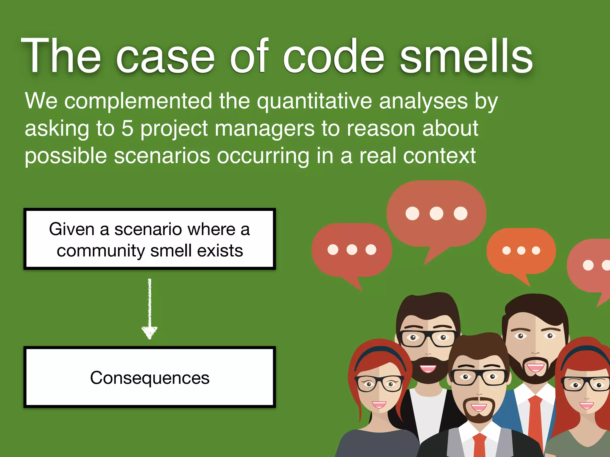 The case of code smells
We complemented the quantitative analyses by
asking to 5 project managers to reason about
possible scenarios occurring in a real context
Given a scenario where a
community smell exists
Consequences
 