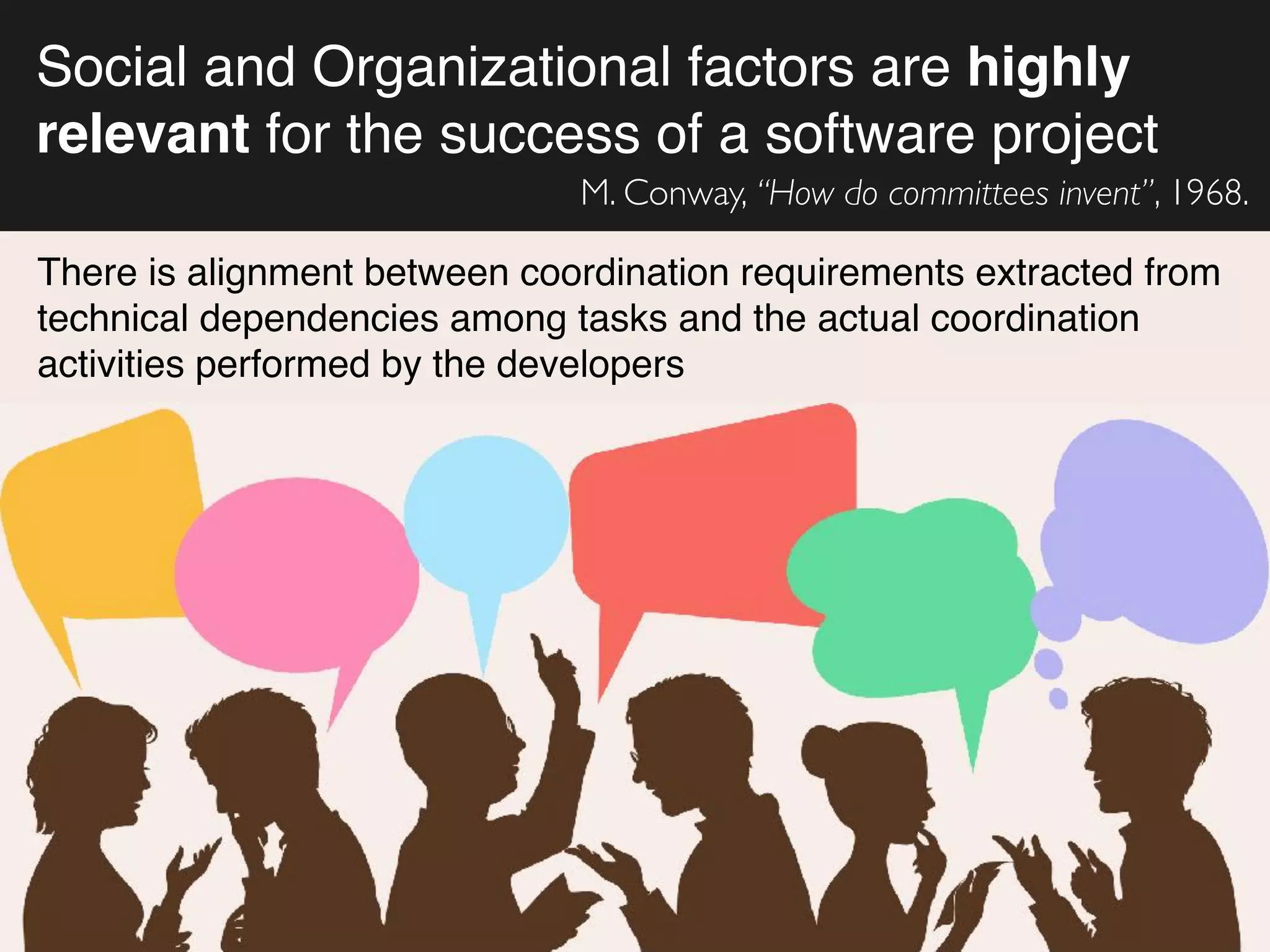 Social and Organizational factors are highly
relevant for the success of a software project
M. Conway, “How do committees invent”, 1968.
There is alignment between coordination requirements extracted from
technical dependencies among tasks and the actual coordination
activities performed by the developers
 