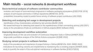 Socio-technical analysis of software contributor communities
evolution and impact of socio-technical congruence in software packaging ecosystems [ESEC/FSE 2019]
analysis of pull request comments in GitHub repositories [BENEVOL 2019]
probabilistic forecasting model to predict future activity of software project contributors [JSS 2020]
Detecting and analysing bot usage in development projects
identification of key characteristics exhibited by bot activities [BotSE 2020]
ML-based technique for detecting bots based on the repetitiveness of their commenting activity [JSS 2021]
study on the prevalence of bots as contributors in GitHub projects [IEEE Software 2022]
Improving development workflow automation
longitudinal study on the use and evolution of Continuous Integration tools in GitHub [SANER 2022]
large-scale quantitative analysis of the GitHub Actions ecosystem [ICSME 2022]
Studying variant projects in software families
study of the prevalence and importance of project forking in GitHub [BENEVOL 2020, EMSE 2022].
motivations for launching variants and impediments to maintaining the co-existing projects [SANER 2022]
study to quantify the extent of the sub-optimal maintenance in software families [ESEC/FSE22]
Main results – social networks & development workflows
 