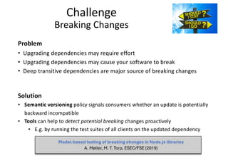 Challenge
Breaking Changes
Problem
• Upgrading dependencies may require effort
• Upgrading dependencies may cause your software to break
• Deep transitive dependencies are major source of breaking changes
Solution
• Semantic versioning policy signals consumers whether an update is potentially
backward incompatible
• Tools can help to detect potential breaking changes proactively
• E.g. by running the test suites of all clients on the updated dependency
Model-based testing of breaking changes in Node.js libraries
A. Møller, M. T. Torp, ESEC/FSE (2019)
 