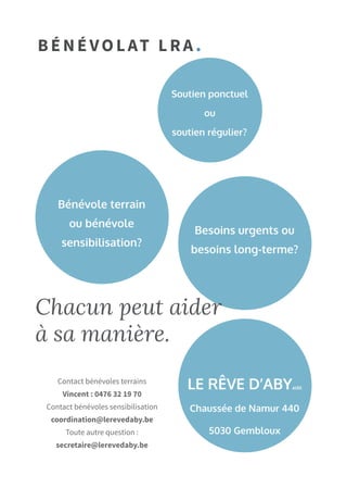 B énévolat lra.
LE RÊVE D’ABYasbl
Chaussée de Namur 440
5030 Gembloux
Contact bénévoles terrains
Vincent : 0476 32 19 70
Contact bénévoles sensibilisation
coordination@lerevedaby.be
Toute autre question :
secretaire@lerevedaby.be
Bénévole terrain
ou bénévole
sensibilisation?
Soutien ponctuel
ou
soutien régulier?
Besoins urgents ou
besoins long-terme?
Chacun peut aider
à sa manière.
 