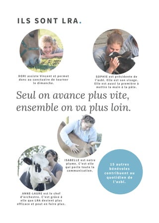 intégrité
ILS SONT lra.
Seul on avance plus vite,
ensemble on va plus loin.
DORI assiste Vincent et permet
donc au sanctuaire de tourner
le dimanche.
ISABELLE est notre
plume. C’est elle
qui porte toute la
communication.
ANNE-LAURE est le chef
d’orchestre. C’est grâce à
elle que LRA devient plus
efficace et peut en faire plus.
SOPHIE est présidente de
l’asbl. Elle est son visage.
Elle est aussi la première à
mettre la main à la pâte.
15 autres
bénévoles
contribuent au
quotidien de
l’asbl.
 