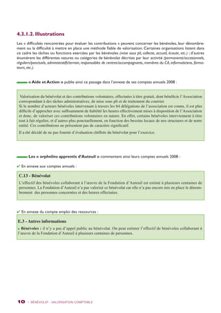 4.3.1.2. Illustrations 
Les « difficultés rencontrées pour évaluer les contributions » peuvent concerner les bénévoles, leur dénombre-ment 
ou la difficulté à mettre en place une méthode fiable de valorisation. Certaines organisations listent dans 
ce cadre les tâches ou fonctions exercées par les bénévoles (mise sous pli, collecte, accueil, écoute, etc.) ; d’autres 
énumèrent les différentes natures ou catégories de bénévolat décrites par leur activité (permanents/occasionnels, 
réguliers/ponctuels, administratifs/terrain, responsables de centres/accompagnants, membres du CA, informaticiens, forma-teurs, 
etc.). 
« Aide et Action » publie ainsi ce passage dans l’annexe de ses comptes annuels 2008 : 
Valorisation du bénévolat et des contributions volontaires, effectuées à titre gratuit, dont bénéficie l’Association 
correspondant à des tâches administratives, de mise sous pli et de traitement du courrier. 
Si le nombre d’acteurs bénévoles intervenant à travers les 64 délégations de l’association est connu, il est plus 
difficile d’approcher avec suffisamment de fiabilité les heures effectivement mises à disposition de l’Association 
et donc, de valoriser ces contributions volontaires en nature. En effet, certains bénévoles interviennent à titre 
tout à fait régulier, et d’autres plus ponctuellement, en fonction des besoins locaux de nos structures et de notre 
entité. Ces contributions ne présentent pas de caractère significatif. 
Il a été décidé de ne pas fournir d’évaluation chiffrée du bénévolat pour l’exercice. 
Les « orphelins apprentis d’Auteuil » commentent ainsi leurs comptes annuels 2008 : 
4 En annexe aux comptes annuels : 
C.13 - Bénévolat 
L’effectif des bénévoles collaborant à l’oeuvre de la Fondation d’Auteuil est estimé à plusieurs centaines de 
personnes. La Fondation d’Auteuil n’a pas valorisé ce bénévolat car elle n’a pas encore mis en place le dénom-brement 
des personnes concernées et des heures effectuées. 
4 En annexe du compte emploi des ressources : 
E.3 - Autres informations 
l Bénévoles : il n’y a pas d’appel public au bénévolat. On peut estimer l’effectif de bénévoles collaborant à 
l’oeuvre de la Fondation d’Auteuil à plusieurs centaines de personnes. 
10 - BÉNÉVOLAT : VALORISATION Comptable 
 