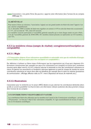 L’association « Les petits frères des pauvres » apporte cette information dans l’annexe de ses comptes 
2008 page 14 : 
11) BÉNÉVOLAT 
Pour mener à biens ses missions, l’association s’appuie sur une grand nombre de bénévoles dont l’apport n’est 
pas valorisé comptablement. 
Au 31 décembre 2008 le nombre de bénévoles réguliers est estimé à 4 470 et celui des bénévoles occasionnels 
à 3 371, soit un total de 7 841, dont 616 associés. 
Les membres associés participent à l’assemblée générale annuelle qui se tient chaque année en juin à Paris. 
Lors de l’assemblée générale du 20/06/2008, 441 membres étaient présents ou représentés sur 616 membres, 
soit 72%. 
4.3.3. Le troisième niveau (compte de résultat) : enregistrement/inscription en 
comptabilité 
4.3.3.1. Règle 
« Si l’association dispose d’une information quantifiable et valorisable ainsi que de méthodes d’enregis-trement 
fiables, elle peut opter pour leur inscription en comptabilité ». 
Par définition, n’utilisent ce 3ème niveau d’information que les organisations qui, d’une part, disposent d’in-formations 
convaincantes (par exemple aux yeux d’un commissaire aux comptes) et d’autre part, souhaitent 
(souvent après débat interne, cf. § 4.2. ci-dessus) valoriser le bénévolat au titre des contributions volontaires en 
nature. En général ces associations ou fondations valorisent également au pied du compte de résultat les autres 
contributions volontaires en nature dont elles ont bénéficié, par exemple dans le cadre du mécénat (prestations 
de communication - affichage, diffusion radio ou TV - mise à disposition de locaux, de matériels, etc.). 
4.3.3.2. Illustrations 
L’association pour la recherche sur le cancer (ARC) déclare ne pas valoriser les contributions bénévoles (alors 
qu’elle en aurait la possibilité ?) et fournit donc une information relevant seulement des deux premiers niveaux 
dans l’annexe de ses comptes : 
3-5 Contributions volontaires en nature 
Les contributions bénévoles effectuées par les membres du Conseil et des Commissions scientifiques - environ 
150 personnes - ne font pas l’objet d’une valorisation comptable. Il s’agit essentiellement de travaux d’exper-tise 
et d’évaluation scientifiques. 
12 - BÉNÉVOLAT : VALORISATION Comptable 
 