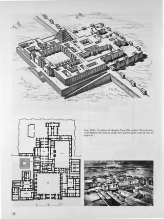 -,
'llrr'1' •
�r=e
VIII
o 50 100m
.'________�L________�I
-�-
--..--�.:-:-�:
Figs. 59·61. O palácio de Sargdo 11 em Khorsabad. Vista do alto,
num desenho do final do século XIX; planta geral; vista do alto da
ziggural
 